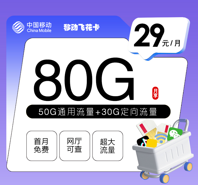 移动飞花卡：29元每月80G流量-天音号